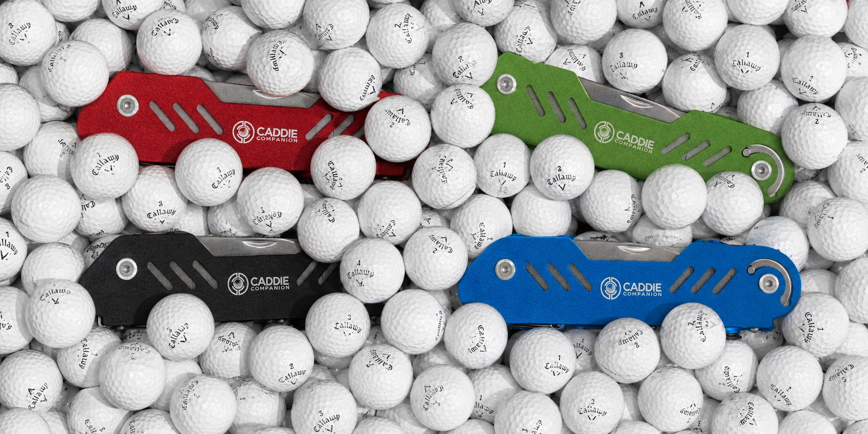 Caddie Companion golf multi-tool in all four colors: black, blue, green, and red